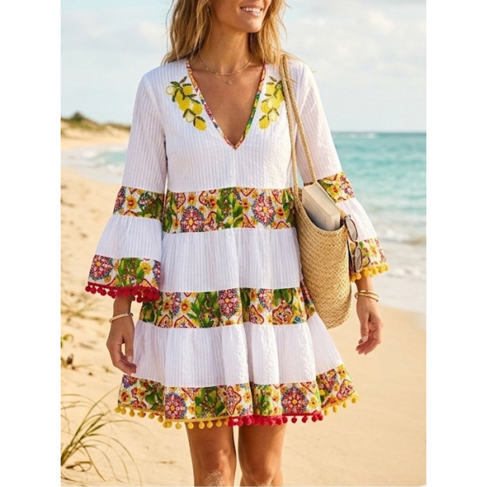 Colori De Mare Free Size Slub Cotton Beachy Boho Pom Pom Midi Dress Resort Beads